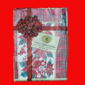 POINSETTIA CHRISTMAS Tablecloth 60" Round VinyI Flannel Back Sultans Linens New